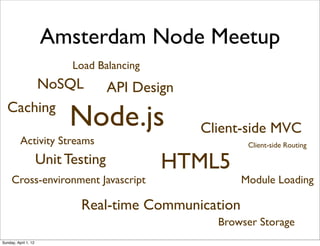 Amsterdam Node Meetup
                            Load Balancing
                      NoSQL          API Design
   Caching
                           Node.js                Client-side MVC
          Activity Streams                               Client-side Routing

                      Unit Testing           HTML5
     Cross-environment Javascript                       Module Loading

                             Real-time Communication
                                                    Browser Storage
Sunday, April 1, 12
 