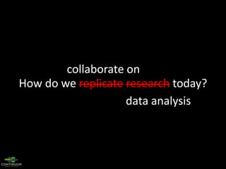 collaborate on
How do we replicate research today?
data analysis

 