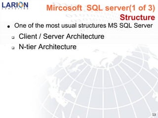 Mircosoft SQL server(1 of 3)
                                  Structure
●   One of the most usual structures MS SQL Server
       Client / Server Architecture
       N-tier Architecture




                                                 13
 