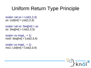Uniform Return Type Principle
scala> val ys = List(1,2,3)
ys: List[Int] = List(1,2,3)

scala> val xs: Seq[Int] = ys
xs: Seq[Int] = List(1,2,3)

scala> xs map(_ + 1)
res0: Seq[Int] = List(2,3,4)

scala> ys map(_ + 1)
res1: List[Int] = List(2,3,4)
 
