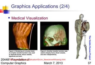 Graphics Applications (2/4)

          Medical Visualization




                                                                     The Visible Human Project
204481 Foundation of
     http://www.ercim.org/publication/Ercim_News/enw44/koenig.html
Computer Graphics                           March 7, 2013            37
 