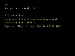 GET / Accept: text/html, */* 303 See Other Location: http://localhost/page.html Cache-Control: public Expires: Thu, 31 Jan 2008 16:00:00 GMT 