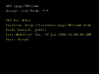 GET /page/Welcome Accept: text/html, */* 303 See Other Location: http://localhost/page/Welcome.html Cache-Control: public Last-Modified: Tue, 29 Jan 2008 16:00:00 GMT Vary: Accept 