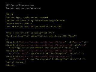 GET /page/Welcome.atom Accept: application/atom+xml 200 OK Content-Type: application/atom+xml Content-Location: http://localhost/page/Welcome Cache-Control: public Last-Modified: Tue, 29 Jan 2008 16:00:00 GMT <?xml version=&quot;1.0&quot; encoding=&quot;utf-8”?> <feed xml:lang=&quot;en&quot; xmlns=&quot;http://www.w3.org/2005/Atom&quot;> … <link href=&quot; http://localhost:64701/page/Welcome &quot; rel=&quot; source &quot; /> <link href=&quot; http://localhost:64701/page/Welcome.atom &quot; rel=&quot; self &quot; type=&quot;application/atom+xml&quot; hreflang=&quot;en&quot; title=&quot;…&quot; /> <link href=&quot; http://localhost:64701/page/Welcome.html &quot; rel=&quot; alternate &quot; type=&quot;text/html&quot; hreflang=&quot;en&quot; title=&quot;…&quot; /> <link href=&quot; http://localhost:64701/page/Welcome.txt &quot; rel=&quot; alternate &quot; type=&quot;text/plain&quot; hreflang=&quot;en&quot; title=&quot;…&quot; /> <entry>…</entry> </feed> 