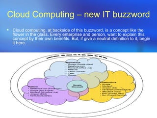 Cloud Computing – new IT buzzword Cloud computing, at backside of this buzzword, is a concept like the flower in the glass. Every enterprise and person, want to explain this concept by their own benefits. But, if give a neutral definition to it, begin it here. 