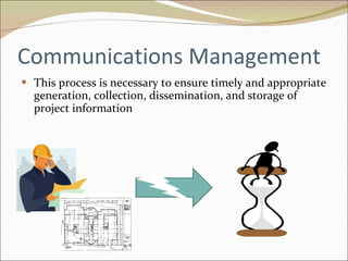 Communications Management This process is necessary to ensure timely and appropriate generation, collection, dissemination, and storage of project information 