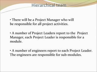 Hierarchical team

• There will be a Project Manager who will
be responsible for all project activities.

• A number of Project Leaders report to the Project
Manager, each Project Leader is responsible for a
module.

• A number of engineers report to each Project Leader.
The engineers are responsible for sub-modules.
 