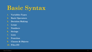 Basic Syntax
1. Variables Types
2. Basic Operators
3. Decision Making
4. Loops
5. Numbers
6. Strings
7. Lists
8. Function
9. Classes & Objects
10. Files I/O
14
Intro To Python
 