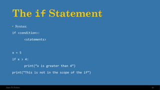 The if Statement
• Syntax:
if <condition>:
<statements>
x = 5
if x > 4:
print(“x is greater than 4”)
print(“This is not in the scope of the if”)
30
Intro To Python
 