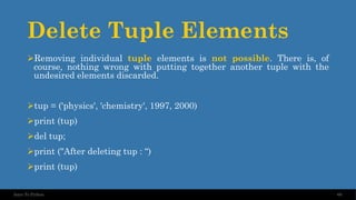 Delete Tuple Elements
➢Removing individual tuple elements is not possible. There is, of
course, nothing wrong with putting together another tuple with the
undesired elements discarded.
➢tup = ('physics', 'chemistry', 1997, 2000)
➢print (tup)
➢del tup;
➢print ("After deleting tup : “)
➢print (tup)
66
Intro To Python
 
