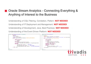 Oracle Stream Analytics - Connecting Everything &
Anything of Interest to the Business
Understanding of CQL Filtering, Correlation, Pattern: NOT NEEDED
Understanding of IT Deployment and Management: NOT NEEDED
Understanding of Development, Java, Best Practices: NOT NEEDED
Understanding of the Event Driven Platform: NOT NEEDED
 
