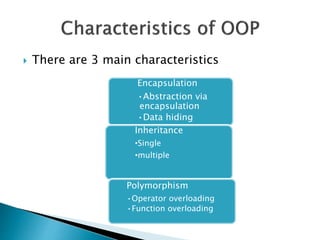  There are 3 main characteristics
Encapsulation
•Abstraction via
encapsulation
•Data hiding
Inheritance
•Single
•multiple
Polymorphism
•Operator overloading
•Function overloading
 