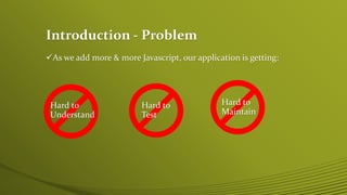 Introduction - Problem
As we add more & more Javascript, our application is getting:
Hard to
Understand
Hard to
Test
Hard to
Maintain
 