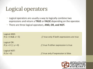 Logical operators
• Logical operators are usually a way to logically combine two
expressions and return a TRUE or FALSE depending on the operator.
• There are three logical operators, AND, OR, and NOT.
Logical AND:
if (x > 0 && x < 5) // true only if both expressions are true
Logical OR:
if (x > 0 || y > 0) // true if either expression is true
Logical NOT:
if (!x > 0) // true only if expression is false
 