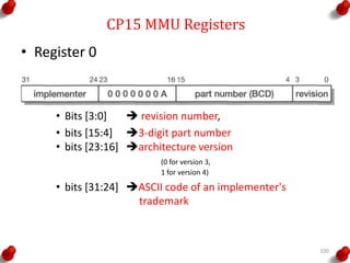 CP15 MMU Registers
• Register 0
• Bits [3:0]  revision number,
• bits [15:4] 3-digit part number
• bits [23:16] architecture version
(0 for version 3,
1 for version 4)
• bits [31:24] ASCII code of an implementer's
trademark
100
 