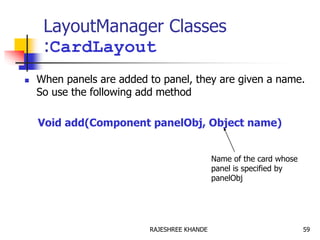 LayoutManager Classes
:CardLayout
 When panels are added to panel, they are given a name.
So use the following add method
Void add(Component panelObj, Object name)
Name of the card whose
panel is specified by
panelObj
59RAJESHREE KHANDE
 