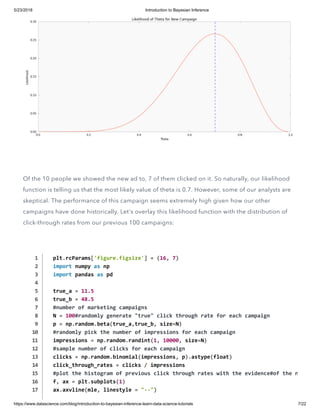 5/23/2018 Introduction to Bayesian Inference
https://www.datascience.com/blog/introduction-to-bayesian-inference-learn-data-science-tutorials 7/22
 
Of the 10 people we showed the new ad to, 7 of them clicked on it. So naturally, our likelihood
function is telling us that the most likely value of theta is 0.7. However, some of our analysts are
skeptical. The performance of this campaign seems extremely high given how our other
campaigns have done historically. Let's overlay this likelihood function with the distribution of
click-through rates from our previous 100 campaigns:
plt.rcParams['figure.figsize'] = (16, 7)
import numpy as np
import pandas as pd
true_a = 11.5
true_b = 48.5
#number of marketing campaigns
N = 100#randomly generate "true" click through rate for each campaign
p = np.random.beta(true_a,true_b, size=N)
#randomly pick the number of impressions for each campaign
impressions = np.random.randint(1, 10000, size=N)
#sample number of clicks for each campaign
clicks = np.random.binomial(impressions, p).astype(float)
click_through_rates = clicks / impressions
#plot the histogram of previous click through rates with the evidence#of the n
f, ax = plt.subplots(1)
ax.axvline(mle, linestyle = "--")
1
2
3
4
5
6
7
8
9
10
11
12
13
14
15
16
17
 