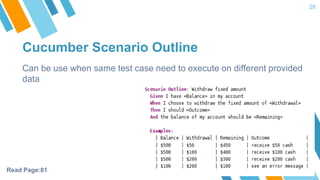 Cucumber Scenario Outline
29
Can be use when same test case need to execute on different provided
data
Read Page:81
 