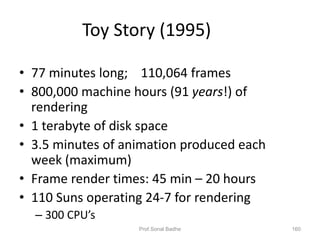 160
Toy Story (1995)
• 77 minutes long; 110,064 frames
• 800,000 machine hours (91 years!) of
rendering
• 1 terabyte of disk space
• 3.5 minutes of animation produced each
week (maximum)
• Frame render times: 45 min – 20 hours
• 110 Suns operating 24-7 for rendering
– 300 CPU’s
Prof.Sonal Badhe
 