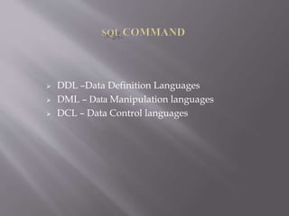  DDL –Data Definition Languages
 DML – Data Manipulation languages
 DCL – Data Control languages
 