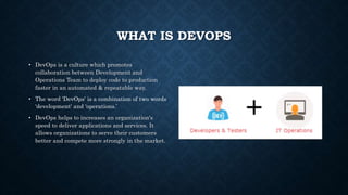 WHAT IS DEVOPS
• DevOps is a culture which promotes
collaboration between Development and
Operations Team to deploy code to production
faster in an automated & repeatable way.
• The word 'DevOps' is a combination of two words
'development' and 'operations.’
• DevOps helps to increases an organization's
speed to deliver applications and services. It
allows organizations to serve their customers
better and compete more strongly in the market.
 