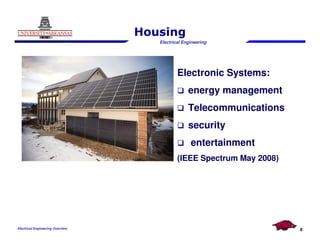 Electrical Engineering
Housing
Electronic Systems:
energy management
Telecommunications
security
Electrical Engineering Overview
security
entertainment
(IEEE Spectrum May 2008)
8
 