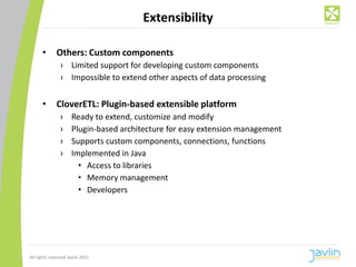 Extensibility

      •       Others: Custom components
                › Limited support for developing custom components
                › Impossible to extend other aspects of data processing


      •       CloverETL: Plugin-based extensible platform
                ›    Ready to extend, customize and modify
                ›    Plugin-based architecture for easy extension management
                ›    Supports custom components, connections, functions
                ›    Implemented in Java
                       • Access to libraries
                       • Memory management
                       • Developers




All rights reserved Javlin 2011
 