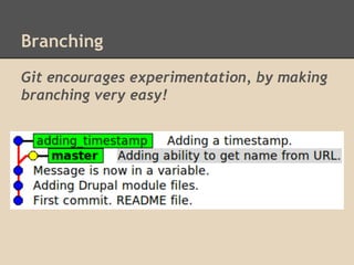Git encourages experimentation, by making
branching very easy!
Branching
 