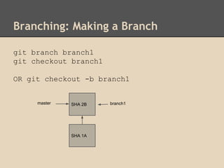 Branching: Making a Branch
SHA 1A
SHA 2Bmaster branch1
git branch branch1
git checkout branch1
OR git checkout -b branch1
 