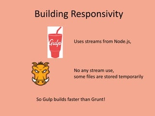 Building Responsivity
Uses streams from Node.js,
No any stream use,
some files are stored temporarily
So Gulp builds faster than Grunt!
 