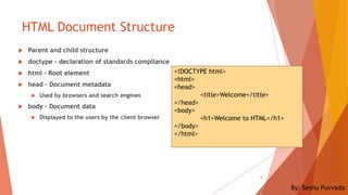 HTML Document Structure
 Parent and child structure
 doctype – declaration of standards compliance
 html – Root element
 head – Document metadata
 Used by browsers and search engines
 body – Document data
 Displayed to the users by the client browser
6
<!DOCTYPE html>
<html>
<head>
<title>Welcome</title>
</head>
<body>
<h1>Welcome to HTML</h1>
</body>
</html>
By: Seshu Puvvada
 