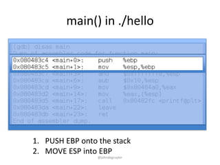 main() in ./hello




1. PUSH EBP onto the stack
2. MOVE ESP into EBP
                 @johndegruyter
 