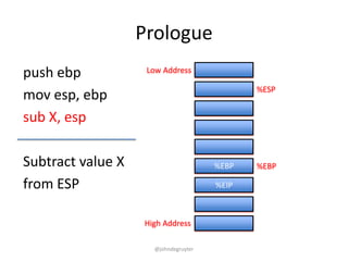 Prologue
push ebp            Low Address

                                             %ESP
mov esp, ebp
sub X, esp

Subtract value X                      %EBP   %EBP

from ESP                              %EIP



                   High Address

                     @johndegruyter
 