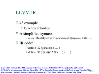 LLVM IR
18/34
 4th
example
 Function definition
 A simplified syntax:
 define <ResultType> @<FunctionName> ([argument list]) { ... }
 IR code:
 define i32 @main() { … }
 define i32 @test(i32 %X, ...) { … }
[Lat] Chris Lattner. LLVM Language Reference Manual. URL: http://llvm.org/docs/LangRef.html
[LA04] Chris Lattner and Vikram Adve. The LLVM Compiler Framework and Infrastructure Tutorial. Mini
Workshop on Compiler Research Infrastructures (LCPC'04), West Lafayette, Indiana, Sep. 2004.
 