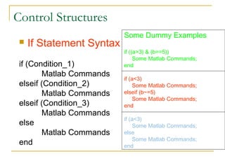 Control Structures
                           Some Dummy Examples
    If Statement Syntax
                           if ((a>3) & (b==5))
                                Some Matlab Commands;
 if (Condition_1)          end
        Matlab Commands
                           if (a<3)
 elseif (Condition_2)           Some Matlab Commands;
        Matlab Commands    elseif (b~=5)
                                Some Matlab Commands;
 elseif (Condition_3)      end
        Matlab Commands
                           if (a<3)
 else                           Some Matlab Commands;
        Matlab Commands    else
                                Some Matlab Commands;
 end                       end
 