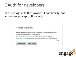 OAuth for developers
The user logs in to the Provider (if not already) and
authorizes your app… Hopefully...
 
