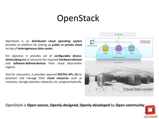 Cloud Data-center
OpenStack is an distributed cloud operating system
provides an platform for setting up public or private cloud
on top of heterogeneous data-center.
For operator, It provides set of configurable device-
drivers/plug-ins to consume the required hardware-devices
and software-defined-devices from cloud data-center
regions.
And for consumers, it provides required RESTful API, CLI to
provision and manage their cloud resources such as
instances, storage volumes, networks, etc. programmatically.
OpenStack
OpenStack is Open-source, Openly-designed, Openly-developed by Open-community
 