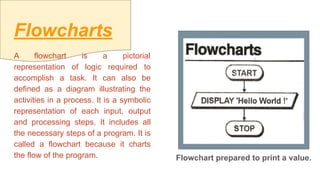 Flowcharts
A flowchart is a pictorial
representation of logic required to
accomplish a task. It can also be
defined as a diagram illustrating the
activities in a process. It is a symbolic
representation of each input, output
and processing steps. It includes all
the necessary steps of a program. It is
called a flowchart because it charts
the flow of the program. Flowchart prepared to print a value.
 