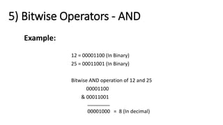 5) Bitwise Operators - AND
Example:
12 = 00001100 (In Binary)
25 = 00011001 (In Binary)
Bitwise AND operation of 12 and 25
00001100
& 00011001
________
00001000 = 8 (In decimal)
 