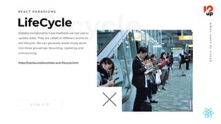LifecycleLifeCycle
Stateful components have methods we can use to
update state. They are called at different points in
the lifecycle. We can generally break those down
into three groupings: Mounting, Updating and
Unmounting.
https://reactjs.org/docs/state-and-lifecycle.html
REACTJSCAPETOWN
V I E W G I S T
R E A C T P A R A D I G M S
 