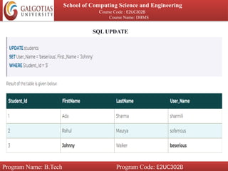 School of Computing Science and Engineering
Course Code : E2UC302B
Course Name: DBMS
Program Name: B.Tech Program Code: E2UC302B
SQL UPDATE
 