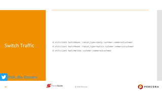 © 2020 Percona
Switch Traffic
$ vtctlclient SwitchReads -tablet_type=rdonly customer.commerce2customer
$ vtctlclient SwitchReads -tablet_type=replica customer.commerce2customer
$ vtctlclient SwitchWrites customer.commerce2customer
32
@@ask_dba, @ssougou
 