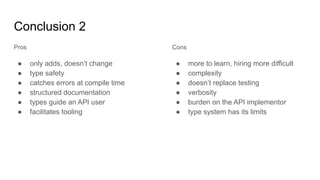 Conclusion 2
Pros
● only adds, doesn’t change
● type safety
● catches errors at compile time
● structured documentation
● types guide an API user
● facilitates tooling
Cons
● more to learn, hiring more difficult
● complexity
● doesn’t replace testing
● verbosity
● burden on the API implementor
● type system has its limits
 