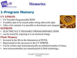 1-Program Memory
UV EPROM
• UV Erasable Programmable ROM
• It enables data to be erased under strong ultraviolet light.
• After a few minutes it is possible to download a new program.

EEPROM
• ELECTRICALLY ERASABLE PROGRAMMABLE ROM
• can be erased by exposing it to an electrical charge

Flash Memory
•
•
•
•

Invented in the 80s in the laboratories of INTEL
Represented as the successor to the UV EPROM.
Can be written and cleared practically an unlimited number of times,
most microcontrollers are manufactured in flash technology.
Copyright © 2014 Embedded Systems
Committee

 