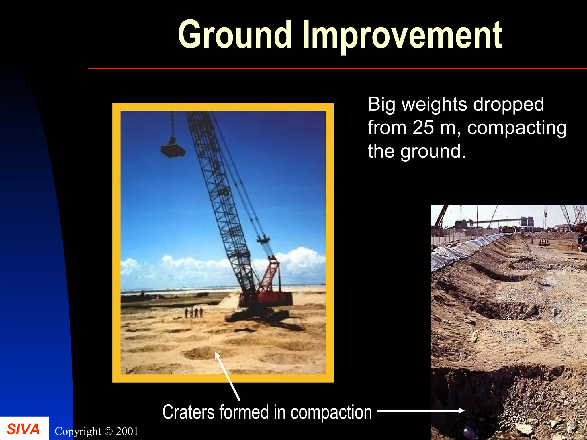 Ground Improvement 
Big weights dropped 
from 25 m, compacting 
the ground. 
Craters formed in compaction 
30 SIVA Copyright ã 2001 
 