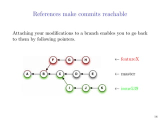 References make commits reachable
Attaching your modiﬁcations to a branch enables you to go back
to them by following pointers.
← featureX
← master
← issue539
16
 