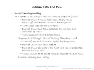 Scrum: Flow and Pull

~ Sprint Planning Meeting
   ~ Segment 1 (1/2 Day) - Product Backlog Selection (What)
       ~ Product Owner Defines, Prioritizes (Risk, value,
         Necessity), and Presents Product Backlog Items
       ~ Team Sizes Product Backlog Items
       ~ Product Owner and Team establish Sprint Goal and
         definition of "Done"
       ~ Team Selects Product Backlog Items
   ~ Segment 2 (1/2 Day) - Sprint Backlog Planning (How)
       ~ Team Defines and Estimates Sprint Backlog Items
       ~ Product Owner and Team Refine
       ~ Product Owner commits to the fixed (but will-be elaborated)
         Product Backlog Items
       ~ Team commits to do best to complete Product Backlog Items
   ~ Consider capacity and reality


                       Introduction to Lean, Agile, Scrum, & XP
                                          14                      Copyright (c) 2009 Sinan Si Alhir. All rights reserved.
 