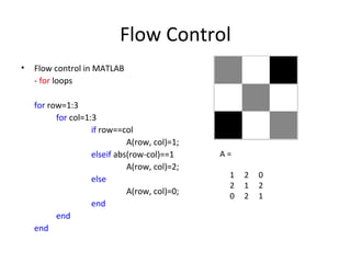 Flow Control
• Flow control in MATLAB
- for loops
for row=1:3
for col=1:3
if row==col
A(row, col)=1;
elseif abs(row-col)==1
A(row, col)=2;
else
A(row, col)=0;
end
end
end
A =
1 2 0
2 1 2
0 2 1
 