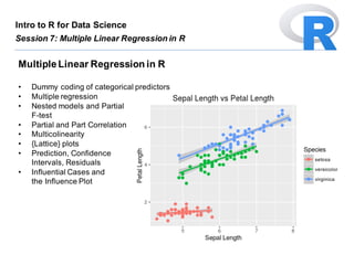 MultipleLinear Regression in R
• Dummy coding of categorical predictors
• Multiple regression
• Nested models and Partial
F-test
• Partial and Part Correlation
• Multicolinearity
• {Lattice} plots
• Prediction, Confidence
Intervals, Residuals
• Influential Cases and
the Influence Plot
Intro to R for Data Science
Session 7: Multiple Linear Regression in R
 