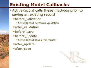 Existing Model Callbacks ActiveRecord calls these methods prior to saving an existing record before_validation ActiveRecord performs validation after_validation before_save before_update ActiveRecord saves the record after_update after_save © Vita Rara, Inc. 